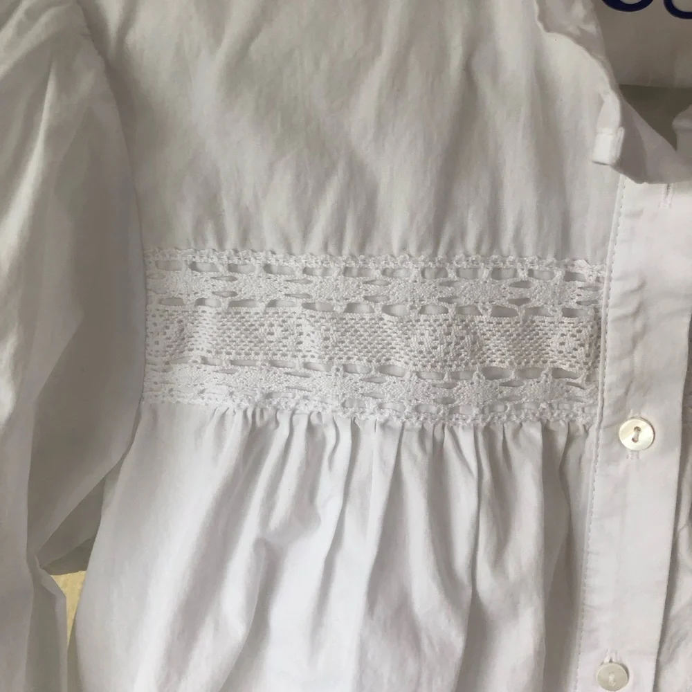 Zara Cotton Crop Puff Sleeve Blouse XS White Lace Button Front Romantic